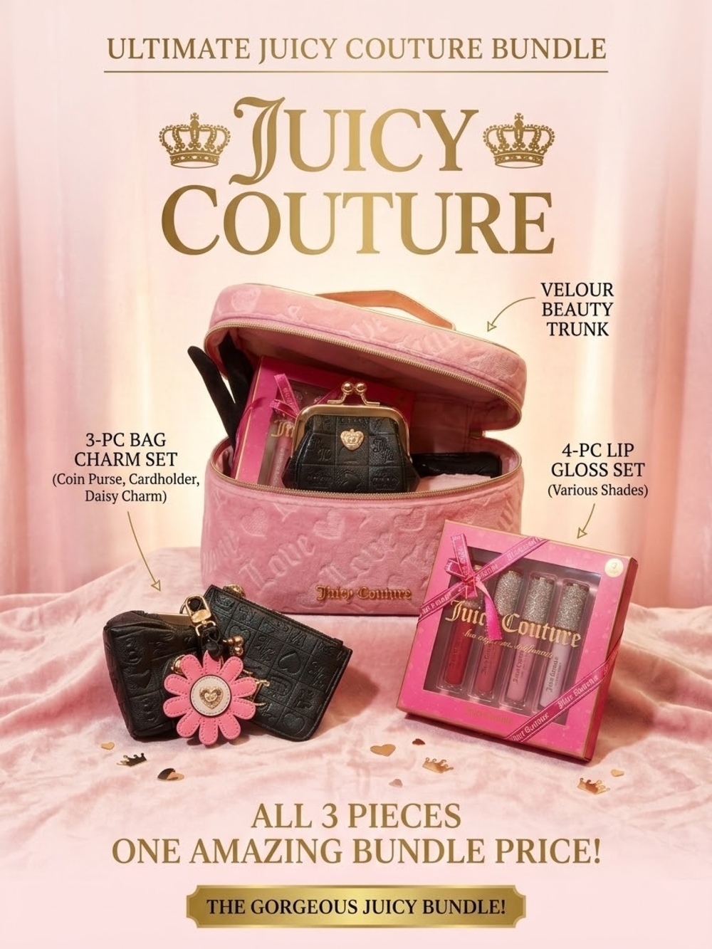 🩷Juicy Couture 3 PC Bundle, Beauty Train, Card Holder,Coin,Charm & 4pc Lip Glos